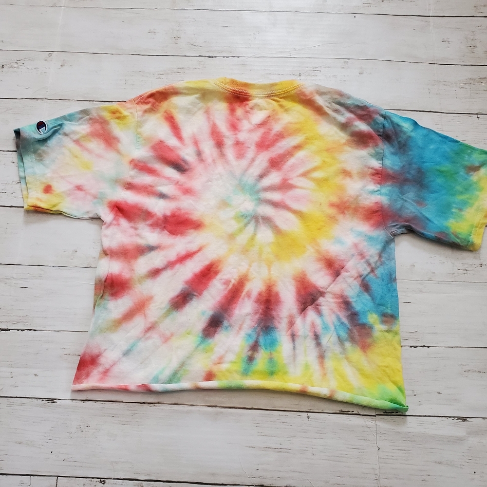 Champion custom cropped tie dye tee swirl yellow blue red green size small - Picture 4 of 4